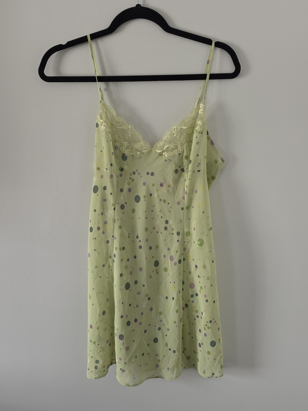 Victoria's Secret Light Green Polka Dot Satin Chemise with Lace Trim